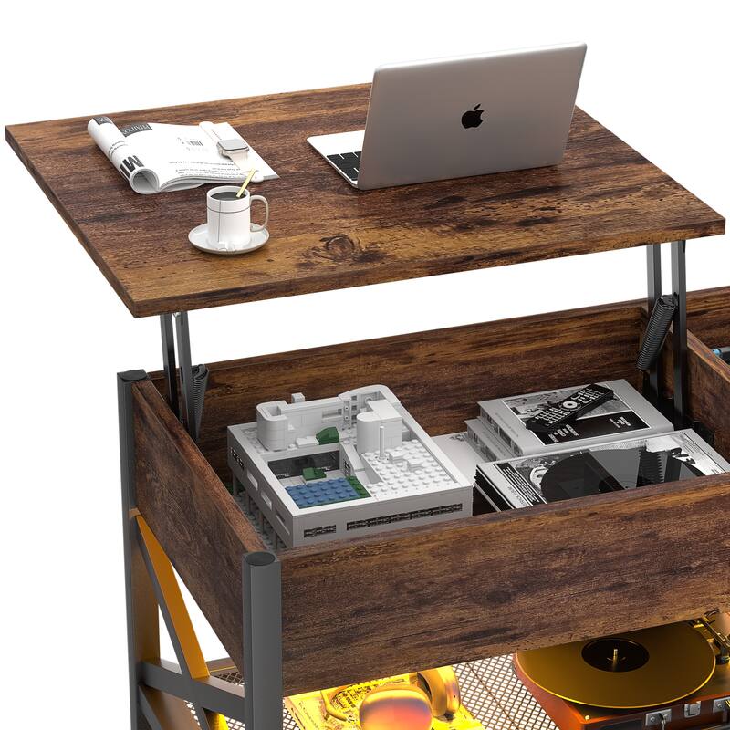 Modern Farmhouse Lift Top Coffee Table with USB Port and LED light, Living Room Accent Table