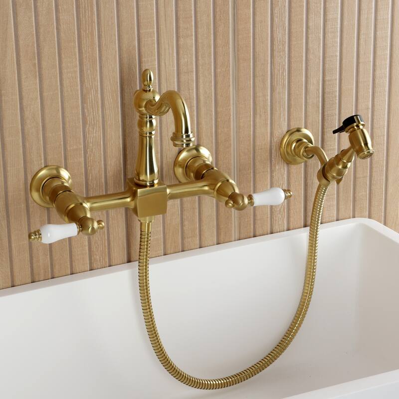 Kingston Brass Essex Double-Handle Wall-Mount Pre-Rinse Bridge Kitchen Faucet