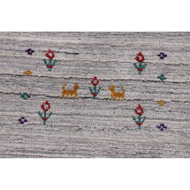 Striped Gray Gabbeh Indian Area Rug Hand-Knotted Wool Carpet - 8'7" X 9'7"