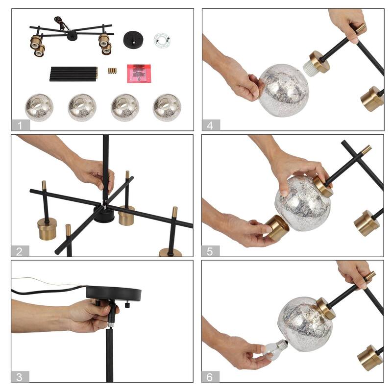 Modern Farmhouse 4-Light Black Gold Chandelier Mercury Glass Pendant Lights for Dining Room - 21" D x 10" H
