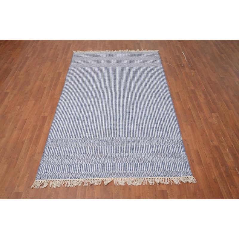 Hand Woven Oriental 100% Wool Carpet Traditional Geometric Navy Blue & Blues Durrie-Kilim Area Rug - 8' 1'' X 5' 0''