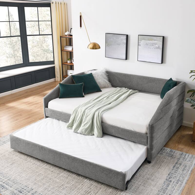 Full Size Daybed with Trundle Upholstered Tufted Sofa Bed, Linen Fabric