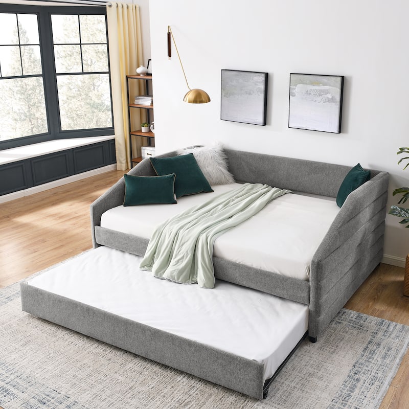 Linen Fabric Upholstered Daybed with Pull-Out Trundle or Storage Drawers, Tufted Sofa Bed Frame with Wood Slat Support