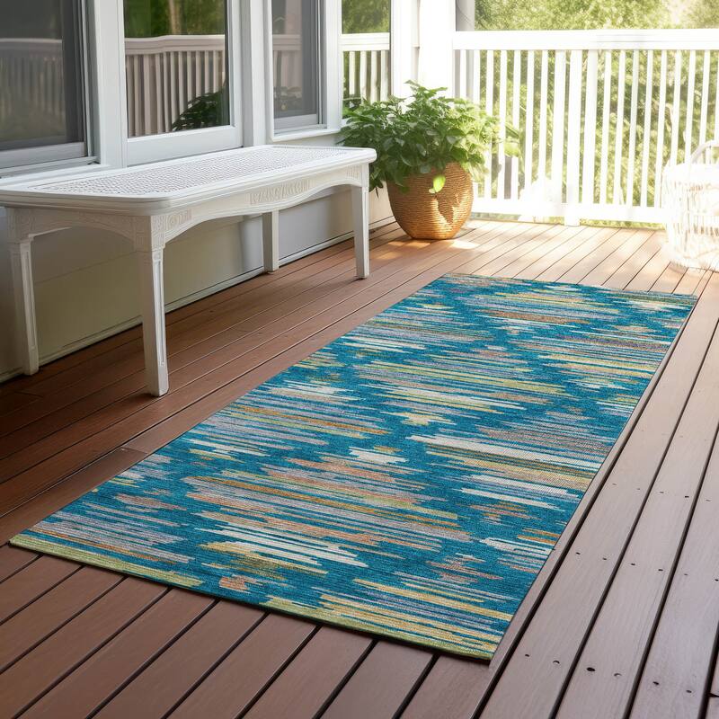 Machine Washable Indoor/ Outdoor Modern Trellis Chantille Rug - Teal - 2'3" x 7'6"