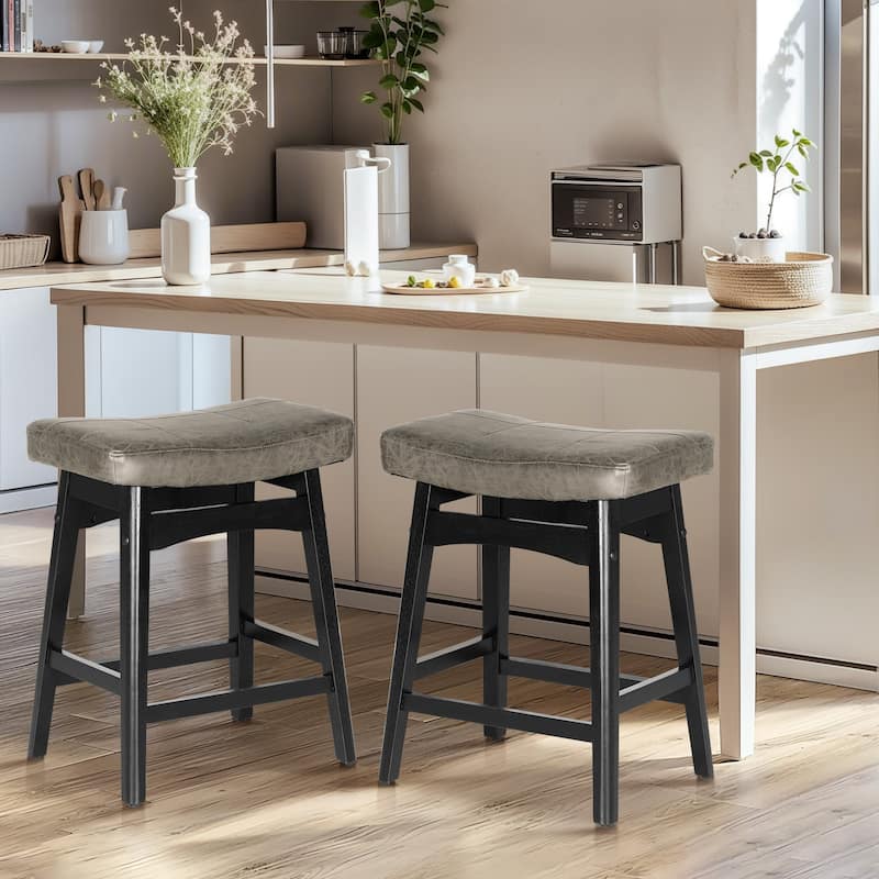 24 Inch Solid Wood Barstools with Linen / PU Leather Fabric Cushion, Set of 2 - Grey Leather Cushion