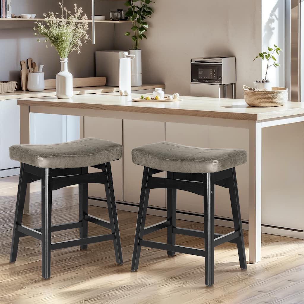 24 Inch Solid Wood Barstools with Linen / PU Leather Fabric Cushion, Set of 2