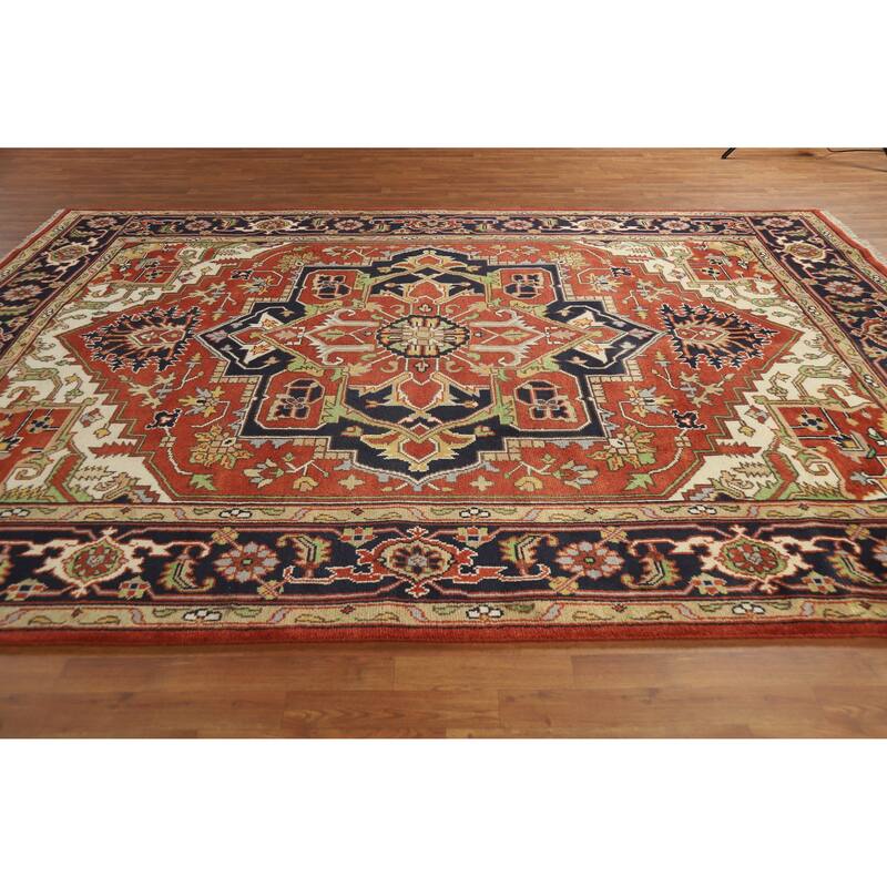 Orange Medallion Heriz Serapi Indian Area Rug Handmade Wool Carpet - 8'10" x 11'9"