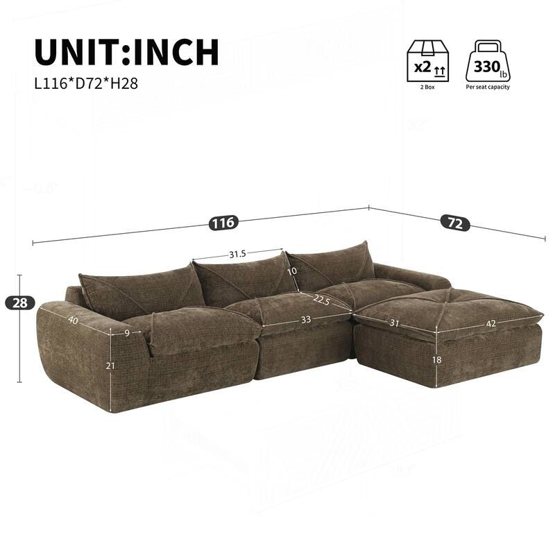 Versatile Compressed Sofa with Integrated Cushions and Movable Ottoman