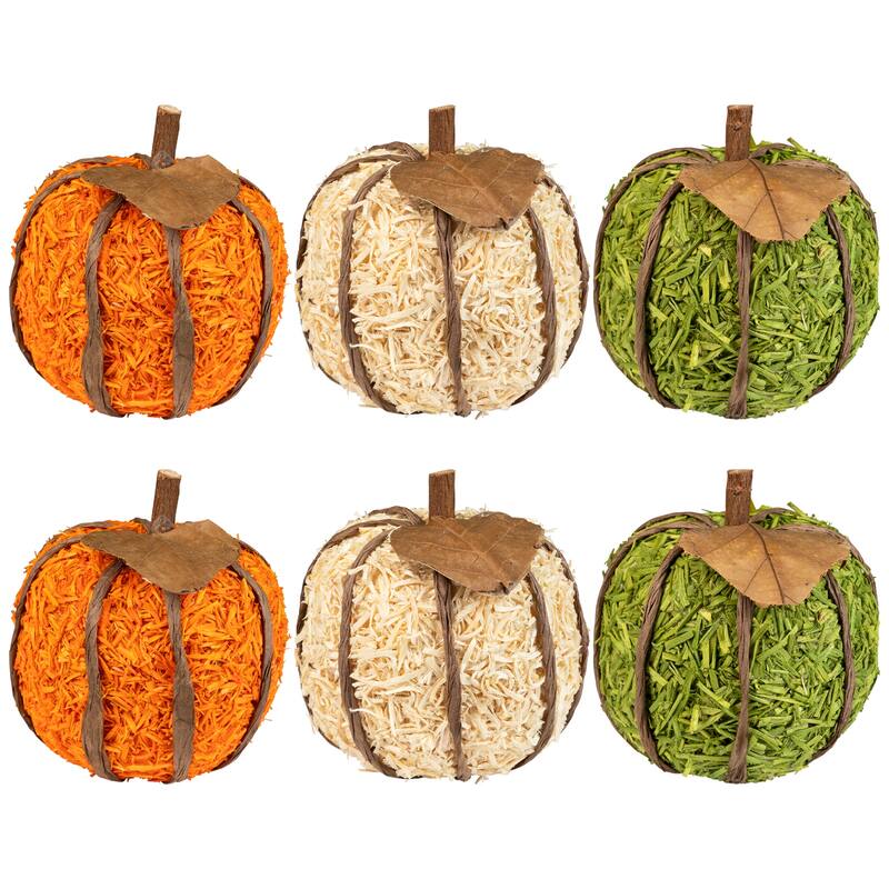 Textured Shredded Wood Pumpkin Fall Harvest Decorations- 3.5" - Orange and Green - Set of 6