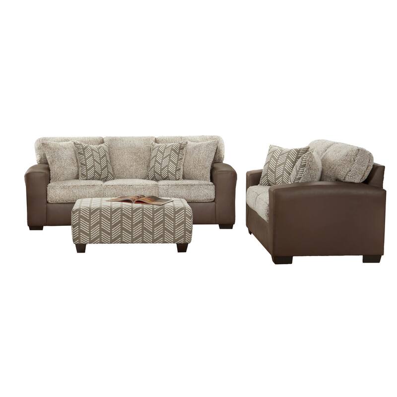 Roundhill Furniture Marvella 3-Piece Living Room Set, Chocolate Faux Leather and Curly Shearling Upholstery