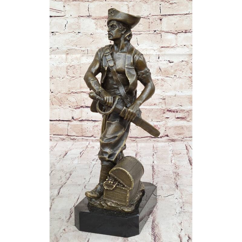 Swashbuckler Pirate Bronze Figure Statue Sculpture W/ Treasure Chest 13 Inches X 6 Inches