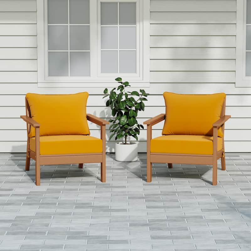 Birchwood All Weather HDPE Outdoor Patio Teak Deep Seating Conversation Set With Cushions (2-Piece) - Teak/Yellow