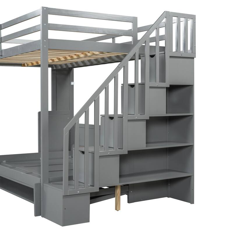 Full Size Convertible Murphy Bunk Bed with Hydraulic Lift, Built-in Desk & Storage Staircase, Space-Saving Wall Bed
