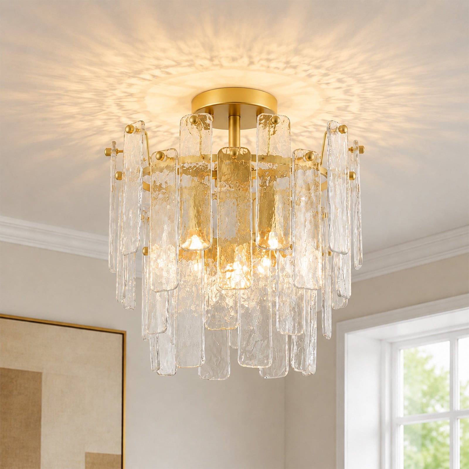 Rennnsan 15 in. 3-Light Modern Gold Textured Glass Flush Mount Ceiling Light - 15.0 in. Dia × 14.0 in. H