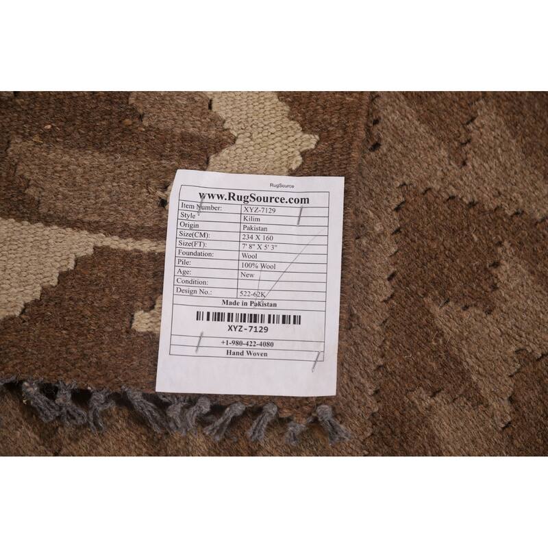 Brown Kilim Oriental Area Rug Flat-weave Reversible Wool Carpet - 5'3" x 7'8"