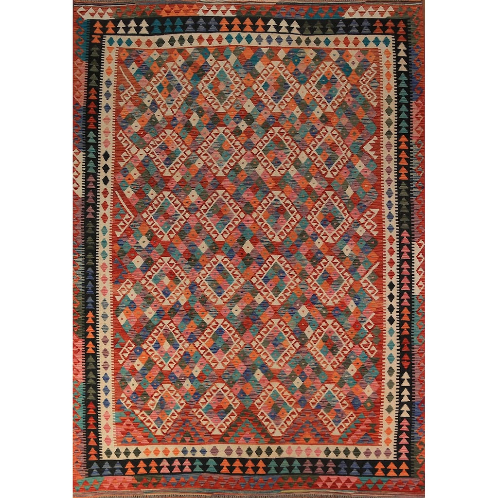Orange Geometric Kilim Oriental Area Rug Wool Carpet - 8'5"x 11'4"