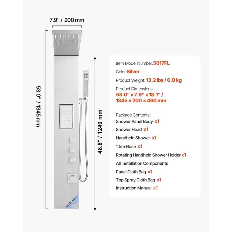 Silver Stainless Steel 3-in-1 Shower Panel with Rainfall, Massage and Handheld - 53.0x 7.9x 18.1 inch