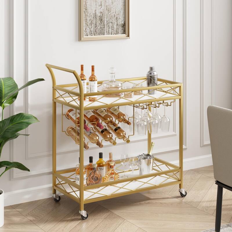 Modern Gold Bar Cart for Living Room - 31.5"W x 15.5"D x 36.6"H - Kitchen Cart - Wood - Gold