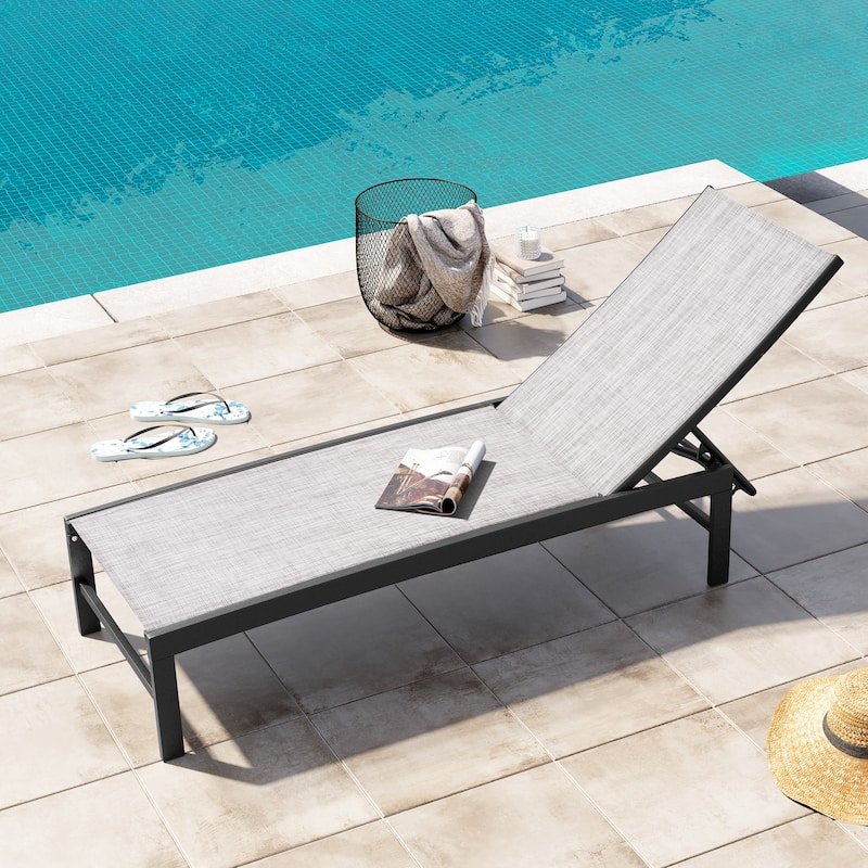 Outdoor Pool Lounger Aluminum All-weather Adjustable Chaise Lounge Chair - See Picture - Earth Fabric, Dark Grey Frame