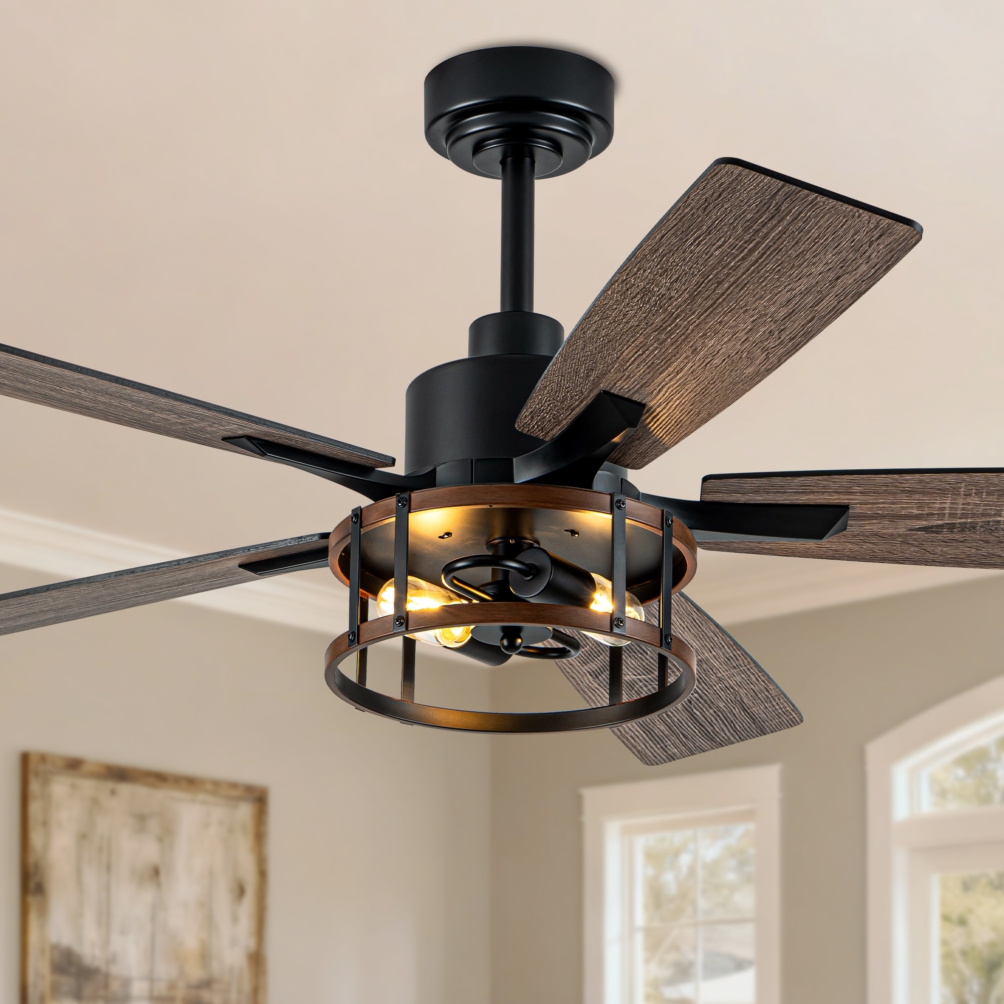 Bella Depot 52" Industrial Caged Ceiling Fan with Light and Remote Control 6-Speed Reversible Modern DC Motor Large Fan
