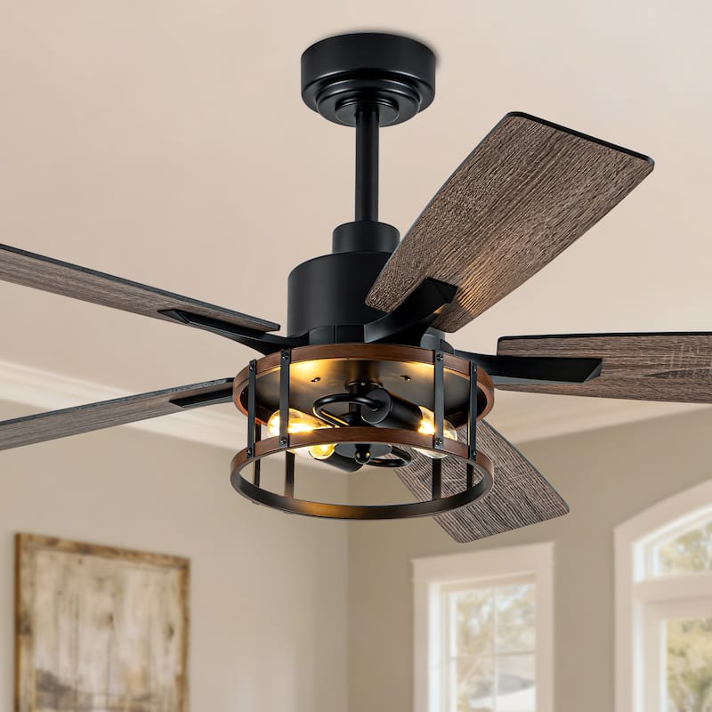 Bella Depot 52" Industrial Caged Ceiling Fan with Light and Remote 6-Speed Modern Reversible Large Fan DC Motor - Black