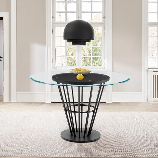 slide 2 of 30, Veronica 48 inch Glass and Walnut Wood Round Dining Table with Metal Base Black