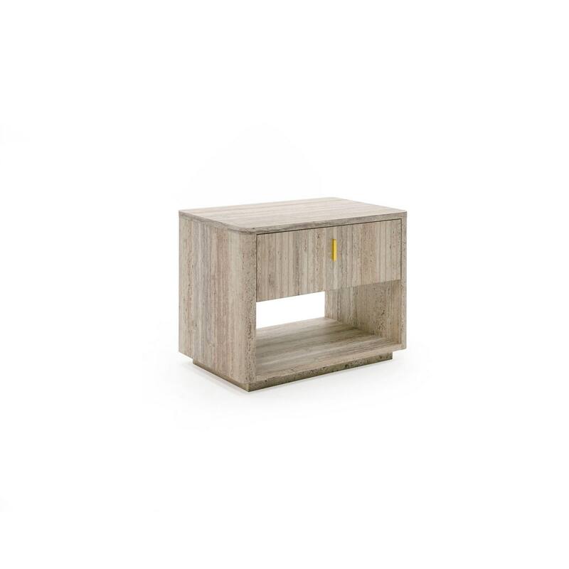 Fly 32 Inch Nightstand, 1 Drawer, 1 Sleek Gold Handle, Travertine Gray