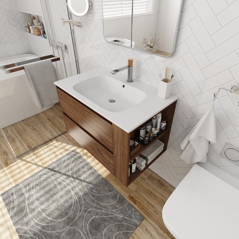 Modland 30" Wall-Mount Vanity with Gel Sink & Soft-Close Drawers - Adjustable Shelf, Brown/Imitative Oak - 30 Inch
