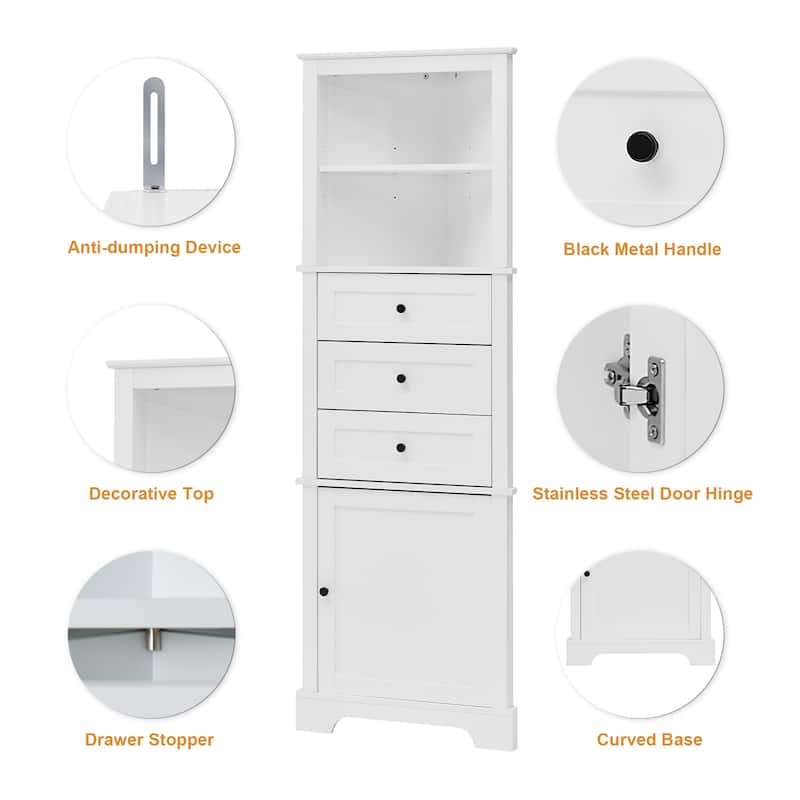 Roomfitters Triangle Tall Storage Cabinet with 3 Drawers Adjustable Shelves for Bathroom Kitchen or Living Room
