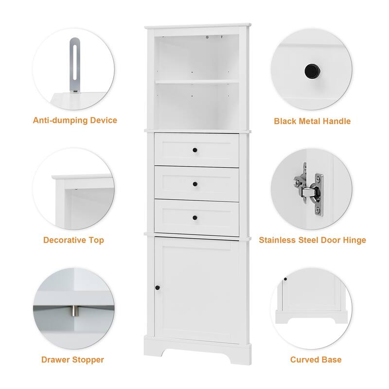 Triangle Corner Cabinet with 3 Drawers, Adjustable Shelves, and Painted MDF Finish, Freestanding Storage Organizer