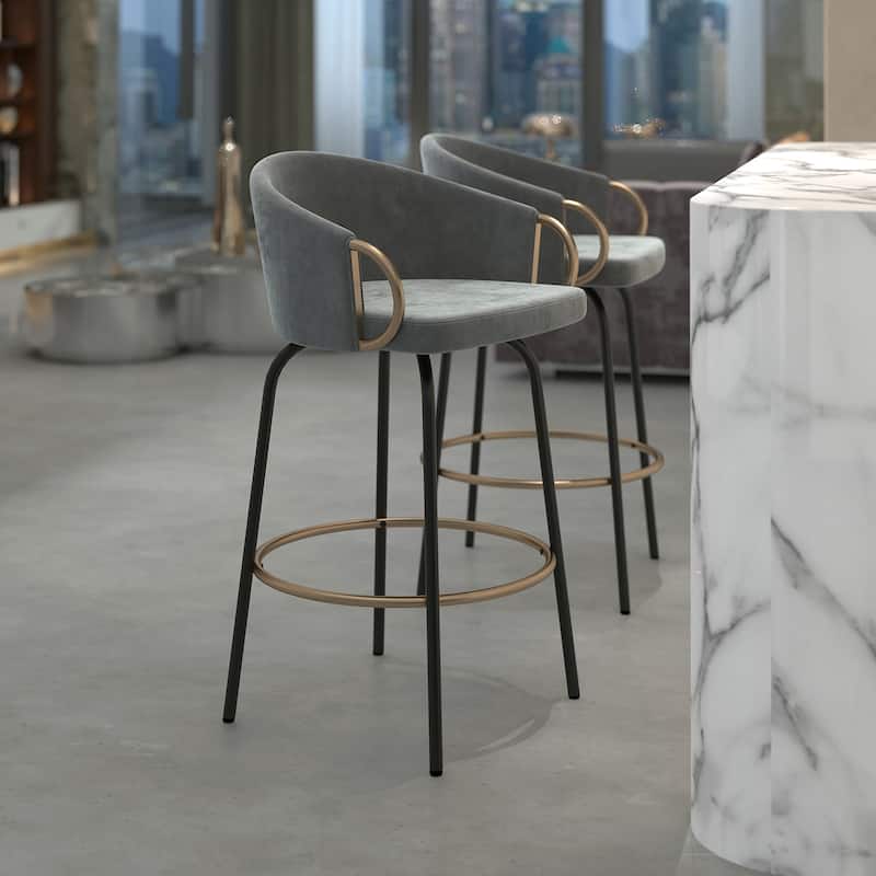 Contemporary Velvet and Metal 26" Counter Stool, Set of 4 - Grey and Black and Gold