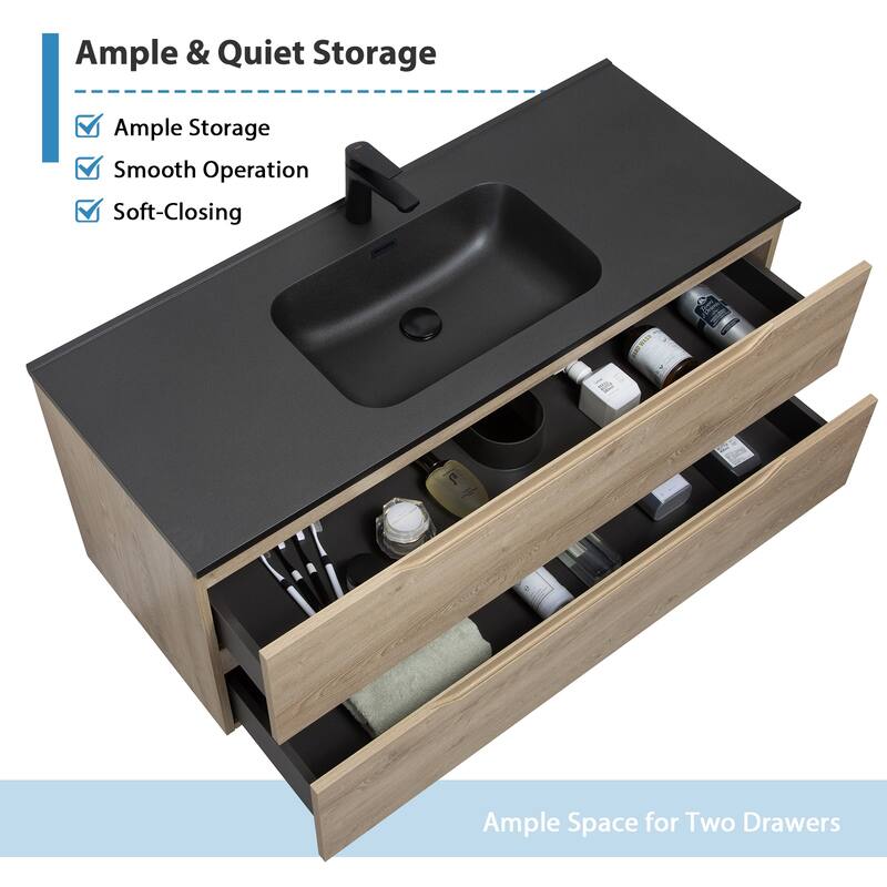 RupheonD 24"-48" Floating Bath Vanity in Evita Oak with Black Quartz Top