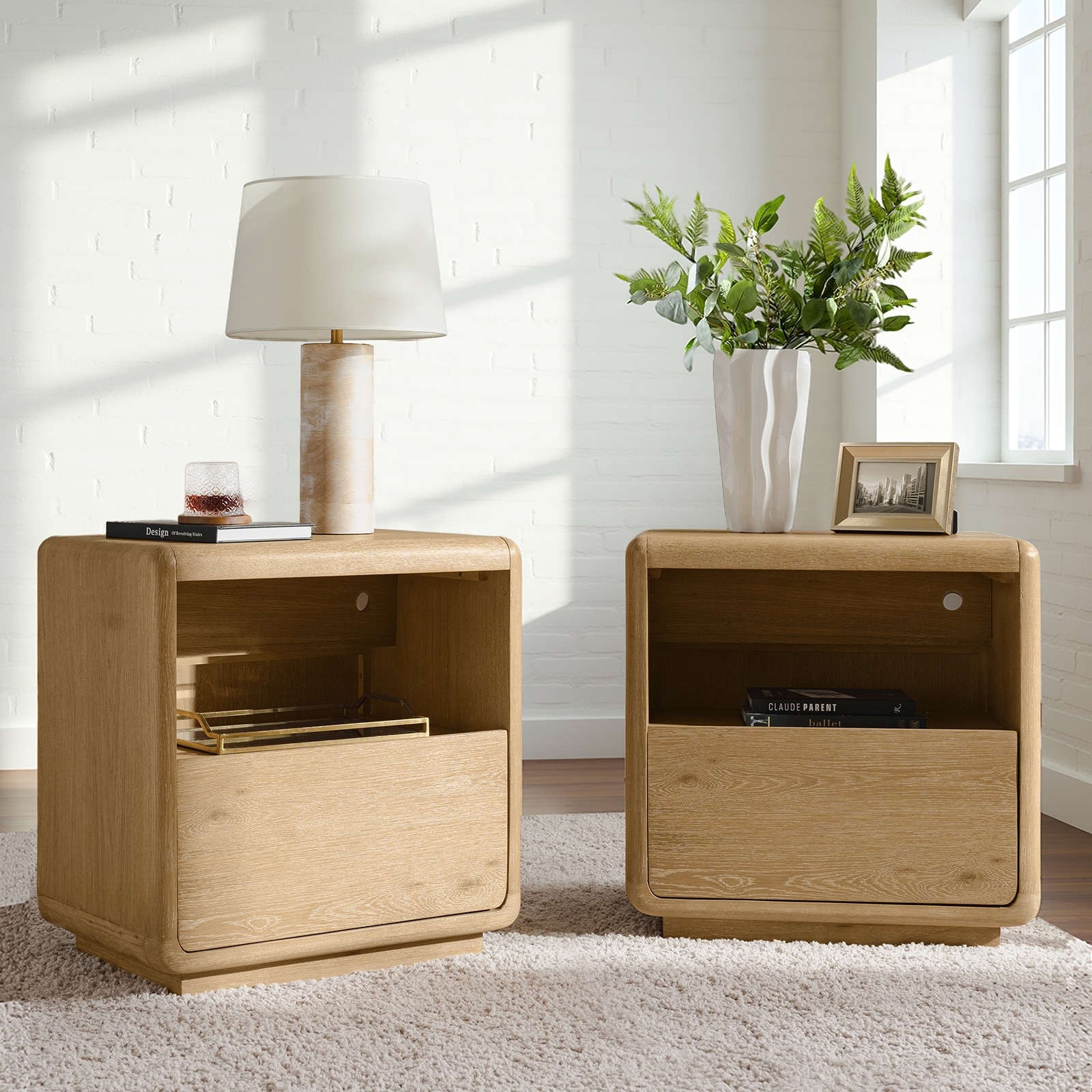 Elisabete Mid-Century Modern 1-Drawer Oak Veneer Nightstand with Charging Ports and No assembly Set of 2 By HULALA HOME