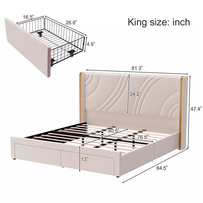 Upholstered LED Bed Frame with Storage Drawers, Velvet Platform Bed with Wingback Headboard, RGB Light