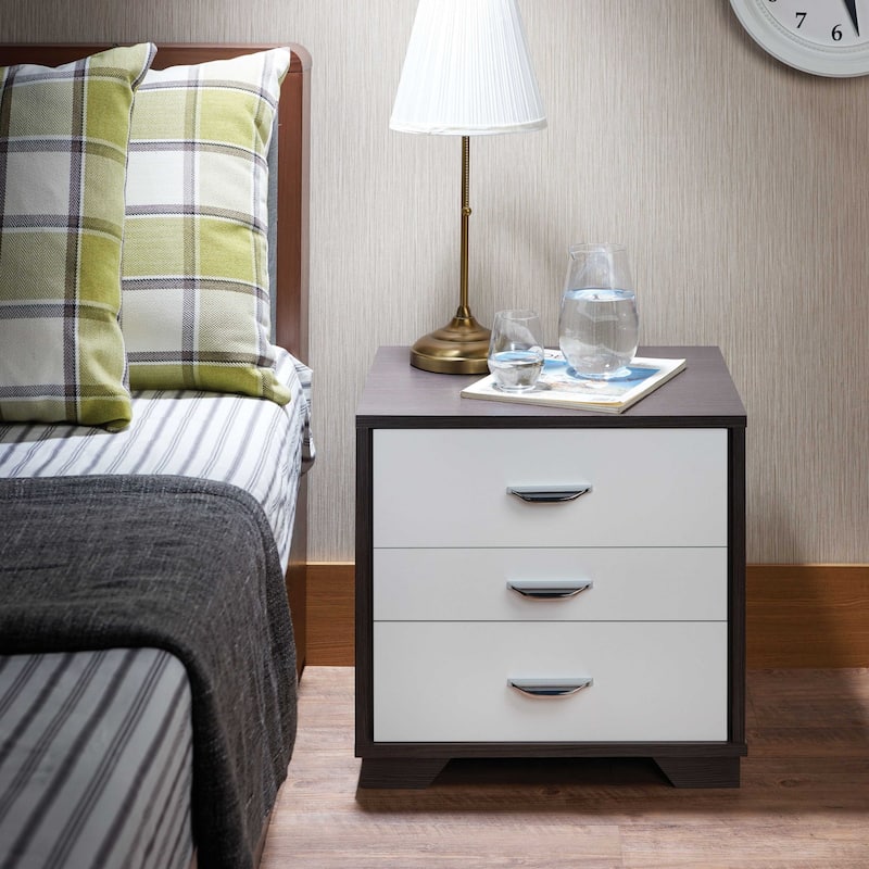 Brown-White Wood 3-Drawer Rectangular Nightstand with Top Contemporary Style
