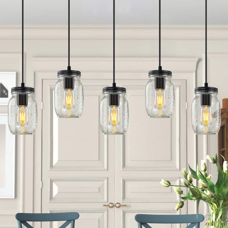 Starsky 5-Light Modern Farmhouse Linear Chandelier Cluster Glass Mason Jar Kitchen Island Light - Black