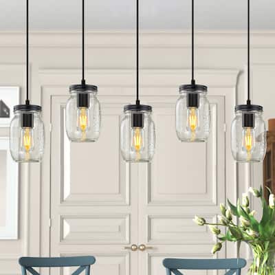 Starsky 5-Light Modern Farmhouse Linear Chandelier Cluster Glass Mason Jar Kitchen Island Light