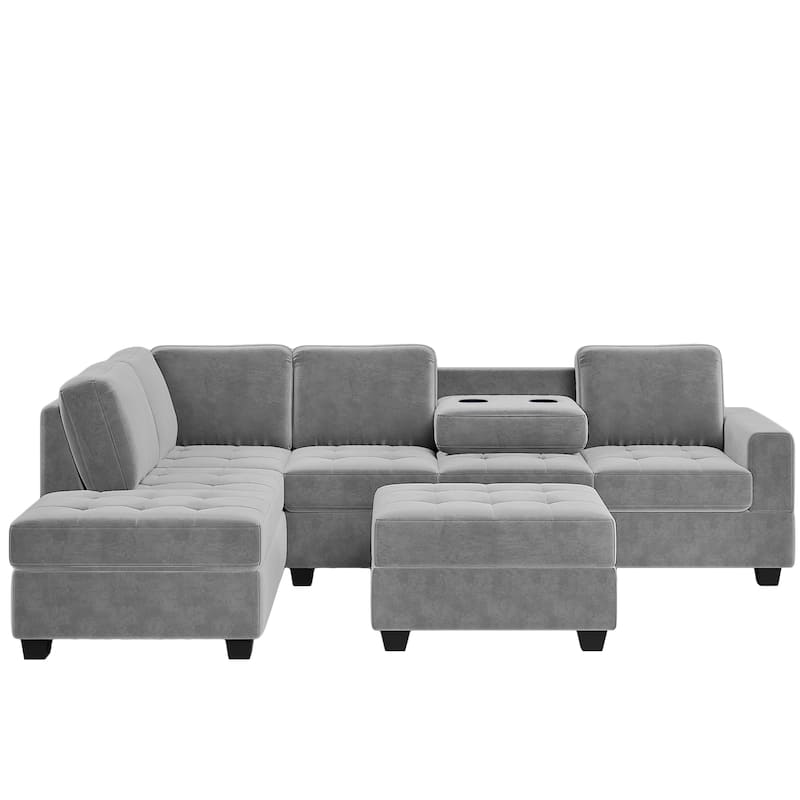 112-inch Modern L-shaped Sectional Sofa with Reversible Chaise, Storage Ottoman and Two Cup Holders - 112"W x 80"D x 33.7"H