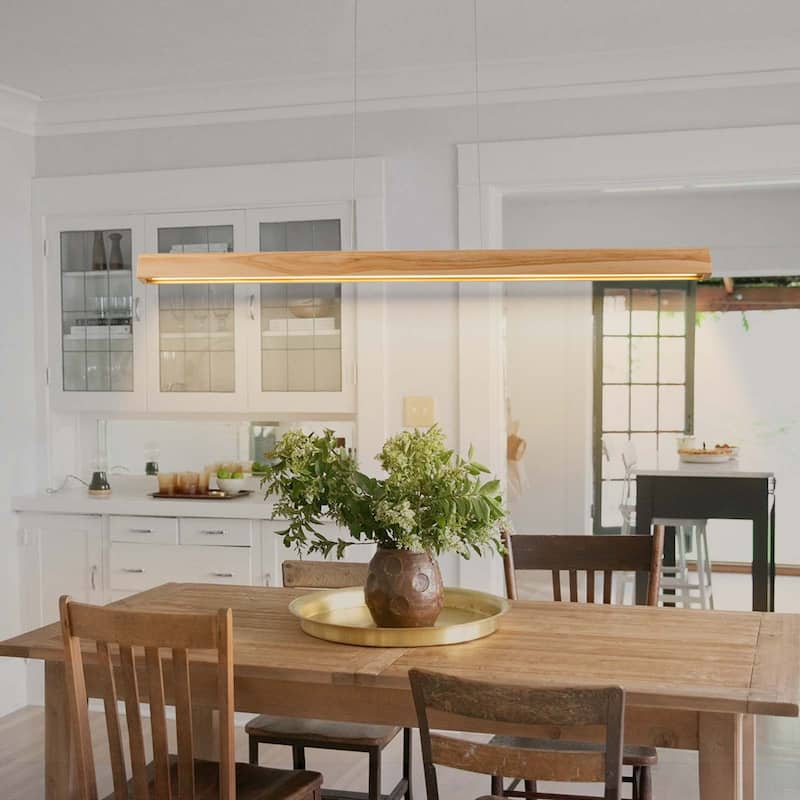 Starsky 1-Light Farmhouse Rustic Wooden Linear Pendant Integrated LED 3000K Kitchen Island Lights