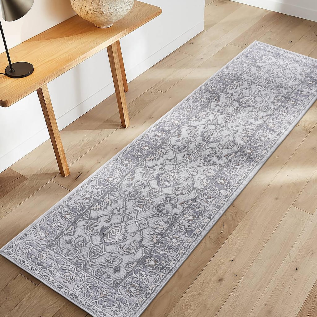 Roomfitters 2x8 Machine Washable Boho Vintage Area Rug, Non-Slip Pet Friendly Indoor Living Room Decor Carpet - Ivory+Grey