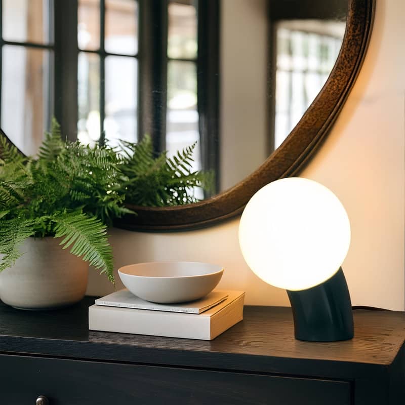 Vino LED 7.95 in Glossy Teal Midcentury Round Globe Dimmable Bedside Nightstand Desk Lamp with Fast Charging USB-C Port
