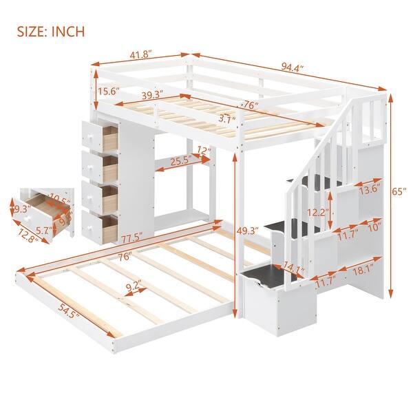 Twin Over Full Bunk Bed w/ Shelves, Drawers and Storage Stairs, Cream