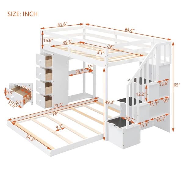 dimension image slide 0 of 2, Twin Over Full Bunk Bed with 3-Layer Shelves, Drawers, Storage Stairs, Space-Saving, Multi-Functional Design, Grey
