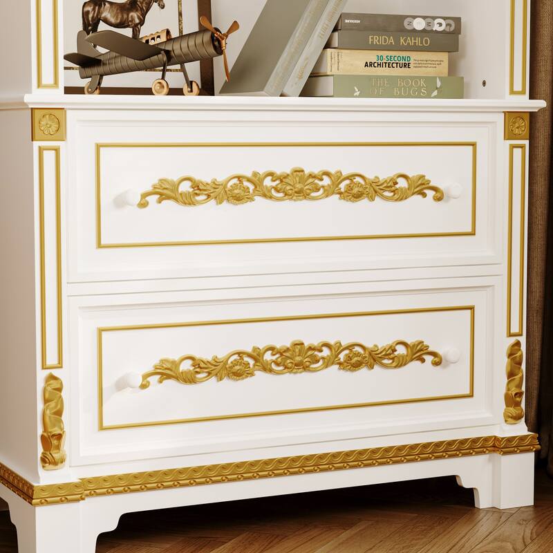 Display Cabinet with Drawers Tall Wine Bar Bookcase with LED Light Glass Shelves, Carved Solid Wood Front, 76.6"