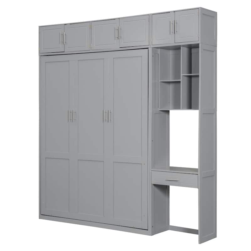 Queen Size Murphy Bed Hidden Cabinet with Desk and Drawer, Foldable Wood Wall Bed Frame with Top Cabinet & Storage Shelves