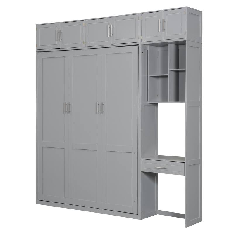 Wall Cabinet Murphy Bed with Dressing Desk & Top Cabinet, Foldable Bed