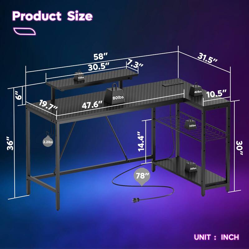 Reversible L Shaped Desk LED Computer Desk with Power Outlets and Monitor Stand Office Desk