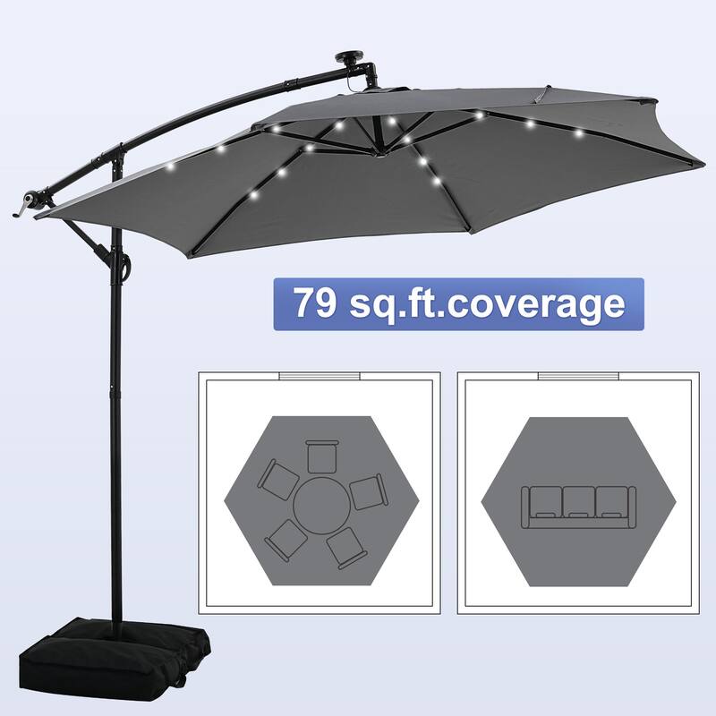 Autlaycil 10ft Offset Hanging Market Patio Umbrella With Base&Solar Lights