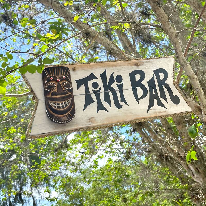 Hand Painted Rustic Tiki Bar Sign Carved Mask Rope Hanging 16X7