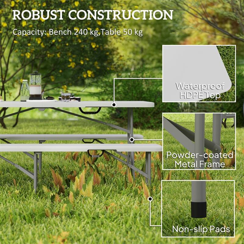 3-Piece Folding Table and Bench Set Metal Frame Indoor Outdoor Portable Picnic Furniture - 70.9" L x 29.1" W x 29.1" H